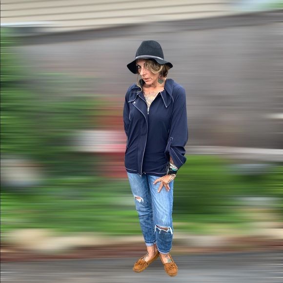 Navy blue & white chain stitch sailor style oversized crop sleeve summer jacket - Picture 5 of 12